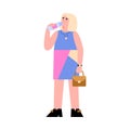 Modern woman drinking water from bottle, flat vector illustration isolated.