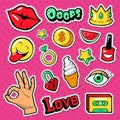 Modern Woman Fashion Doodle with Lips, Crown and Diamonds. Teenager Style Stickers, Badges and Patches