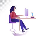 Modern woman flat illustration. The young woman works remotely at a computer. Vector illustration on a transparent background