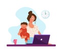 A modern woman holds a child in her arms and works at a computer. Concept illustration about choosing a career or family