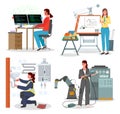 Modern woman in the male profession, factory engineer, architect, programmer and plumber