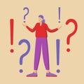 Modern woman with question and exclamation marks. Young thinking man. Problem and solution concept. Question and answer. Royalty Free Stock Photo