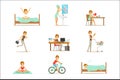 Modern Woman Daily Routine From Morning To Evening Series Of Cartoon Illustrations With Happy Character