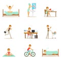 Modern Woman Daily Routine From Morning To Evening Series Of Cartoon Illustrations With Happy Character