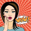 Modern woman surprised face with WOW word bubble in pop art comic style. Young girl shocked face with open mouth and message WOW