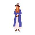 Modern woman in trendy casual clothes. Happy female wearing fashion summer outfit, panama hat, cardigan, pants, sandals