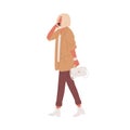 Modern woman walking and talking on mobile phone. People calling and speaking by smartphone. Colored flat vector