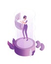 Modern woman wearing 3d headset at virtual reality world vector flat illustration. Playing online game simulated space