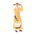 Modern woman wearing fashion summer clothes and bag. Blonde female in stylish maxi dress, flip flops and straw hat