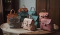 Modern women carry fashionable leather luggage collection with elegant handles generated by AI