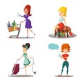 Modern Women Cartoons. Housewife with Vacuum Cleaner. Girl in Supermarket. Summer Vacation