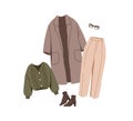 Modern women outfit, apparel set. Fashion look, autumn coat, pants, boots, cardigan and eyeglasses. Trendy stylish