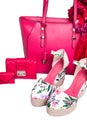 Modern women`s pink bag, purse, sandals and scarf on white background Royalty Free Stock Photo