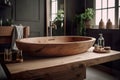 Wooden tabletop for product display with blurred bathroom interior featuring bathtub and minimalist design Royalty Free Stock Photo