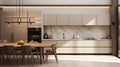 Modern wood dining table marble island pendant light in luxury beige kitchen counter hidden light splash back cabinet cupboard