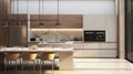 Modern wood dining table marble island pendant light in luxury beige kitchen counter hidden light splash back cabinet cupboard