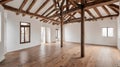 Modern wood Empty attic with white walls, wooden floor, and exposed wooden beams. Close up