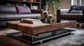 Modern Wood And Glass Coffee Table Inspired By Tamron Sp 70-200mm F2.8 Di Vc Usd G2 Royalty Free Stock Photo