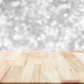 Modern wood table with grey blurry background