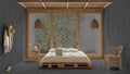 Modern wooden bedroom in gray tones, pallet bed, exterior eco garden with ivy, balcony, concrete walls and floor, bamboo ceiling. Royalty Free Stock Photo