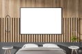 Modern wooden bedroom interior with close up of bed, empty white mock up poster on decorative wall and other items. Design and Royalty Free Stock Photo