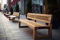 Modern wooden benches standing on the sides of the paved paths of the city park on a rainy day Royalty Free Stock Photo