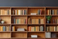 wooden bookcase, classic interior, home library, stacks of books Royalty Free Stock Photo