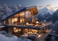 Modern wooden chalet house with snow and mountains on ski resort in cold evening.Macro.AI Generative Royalty Free Stock Photo