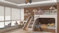 Modern wooden children bedroom with bunk bed in white and pastel tones, parquet floor, big window with sofa, ladder and slide,