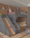 Modern wooden children bedroom in gray and pastel tones, bunk bed with ladder and slide, pillows and duvet, parquet floor, round Royalty Free Stock Photo