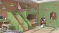 Modern wooden children bedroom in green and pastel tones, bunk bed with ladder and slide, parquet floor, desk with chair and Royalty Free Stock Photo