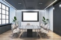 Modern wooden and concrete conference room interior with empty white mock up poster and furniture. Presentation concept. 3D Royalty Free Stock Photo
