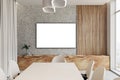 Modern wooden and concrete conference room interior with window and city view, curtains and empty white mock up banner on wall. 3D