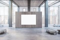 Modern wooden and concrete gallery interior with empty white mock up poster, columns, window with city view and daylight. 3D Royalty Free Stock Photo