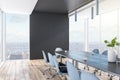 Modern wooden and concrete meeting room interior with empty black mock up place on wall, panoramic city view, daylight and large Royalty Free Stock Photo