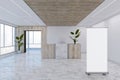 Modern wooden and concrete office lobby interior with empty white mock up poster, window and city view. Waiting area and hotel Royalty Free Stock Photo