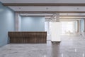 Modern wooden and concrete office lobby interior with reception desk, empty white mock up poster and window with city view. 3D Royalty Free Stock Photo