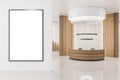 Modern wooden and concrete office reception interior with empty wihte mock up poster, desk and other objects. Waiting area concept Royalty Free Stock Photo