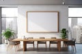 Modern wooden and concrete stylish meeting room interior with empty white mock up frame, window and city view, furniture and Royalty Free Stock Photo