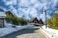 Modern wooden cottage in a tourist winter resort in the mountains