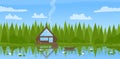 Modern wooden fisherman house cottage by lake, pine trees in wild forest summer landscape