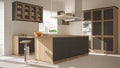 Modern wooden and gray kitchen with island, stools and windows, parquet herringbone floor, architecture minimalistic interior desi