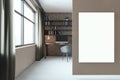 Modern wooden home office interior with blank white mock up poster, workplace, window with curtain and city view. computer monitor