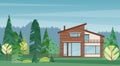 Modern wooden house colorful flat vector illustration