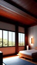 Modern Wooden Japanese bedroom interior design with huge window and forest view