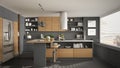 Modern wooden kitchen with wooden details and panoramic window,