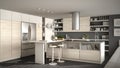 Modern wooden kitchen with wooden details, white and gray minima Royalty Free Stock Photo