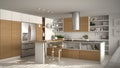 Modern wooden kitchen with wooden details, white minimalistic in