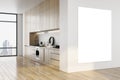 Modern wooden kitchen interior with empty mock up banner on wall, panoramic city view, furniture and reflections on floor. Luxury