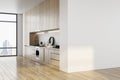 Modern wooden kitchen interior with empty mock up place on wall, panoramic city view, furniture and reflections on floor. Luxury